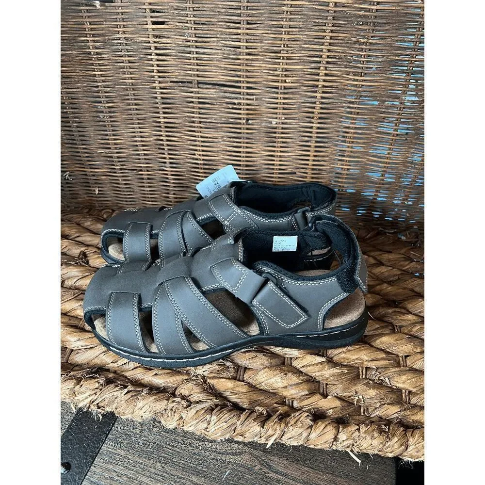 St John's Bay Men's Gray Leather Memory‎ Foam Fisherman Sandals Size 9M